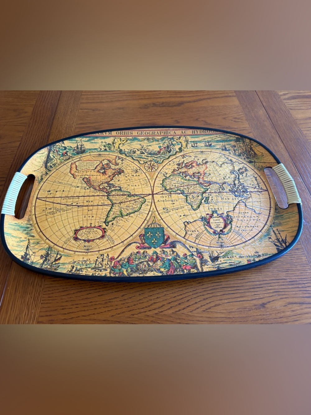 Vintage World Map Serving Tray in Antique Gold and Tan